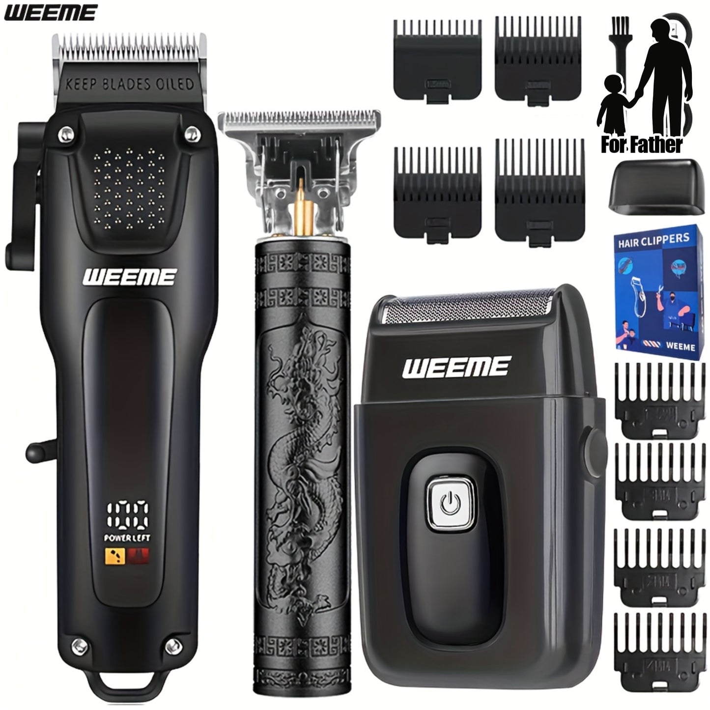 WEEME 2pcs/3pcs Premium Men's Grooming Set Professional Hair Clipper Kit with Cordless Shaver  Beard Trimmer  LCD Display & USB Fast Charge Ideal Gift for Father's Day/Birthday/Anniversary (For Dad/Husband/Groom)