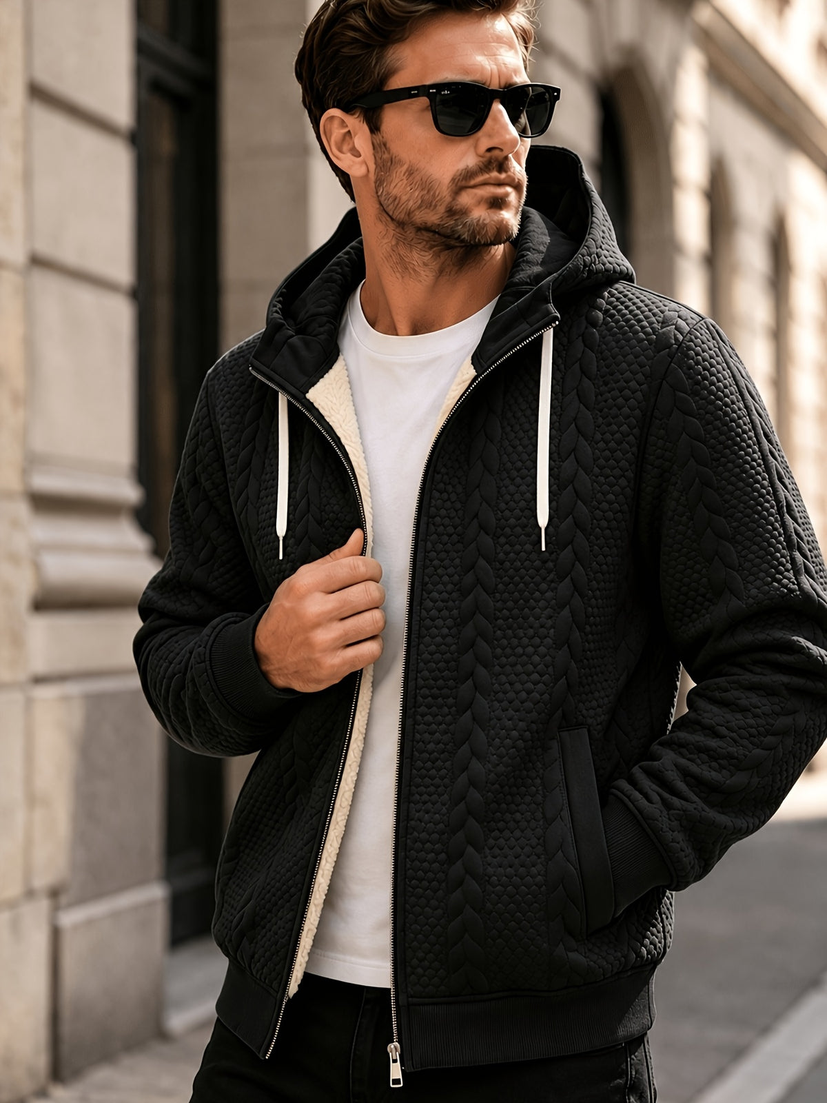 Men's Thickened Hooded Jacket with Cable Knit Embossing