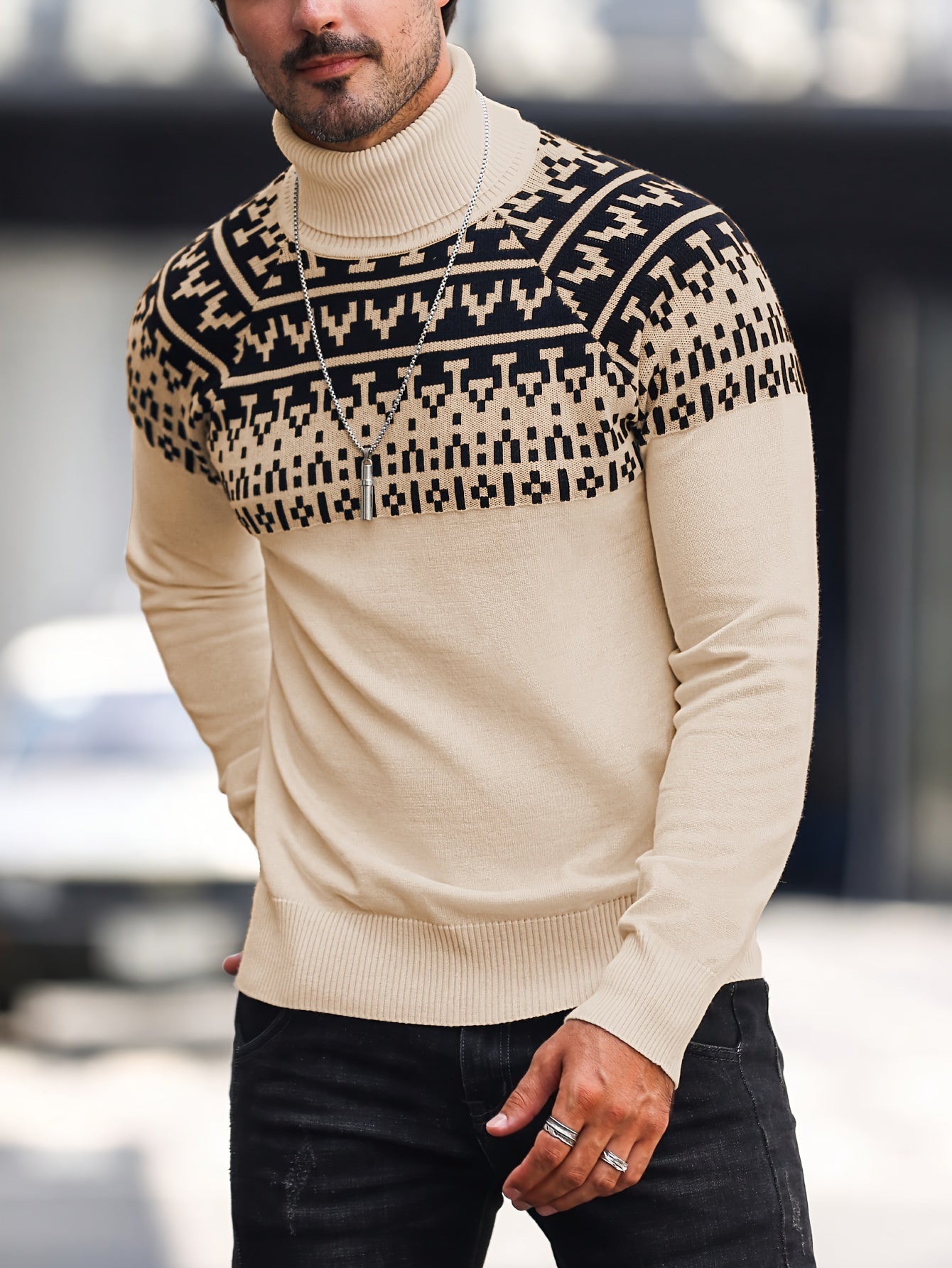 Տղամարդու երկրաչափական գրաֆիկական նախշերով տրիկոտաժե սվիտեր, աշնանային ձմեռային երկար թևքով կրիայով վզնոցով, բացօթյա հագուստի համար