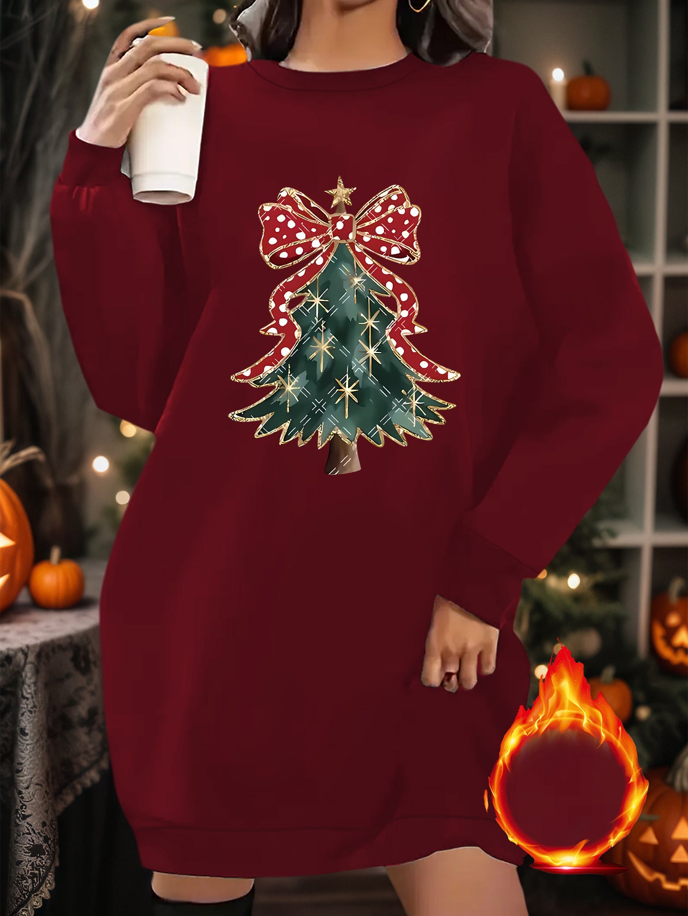 1pc Women's Y2K Elegant Christmas Tree & Bow Print Sweater Dress - Short Sleeve Round Neck A-Line Pullover, Golden/Green/Red Holiday Party Outfit, All-Season Casual Sweater Dress for Xmas & New Year's (Machine Washable)