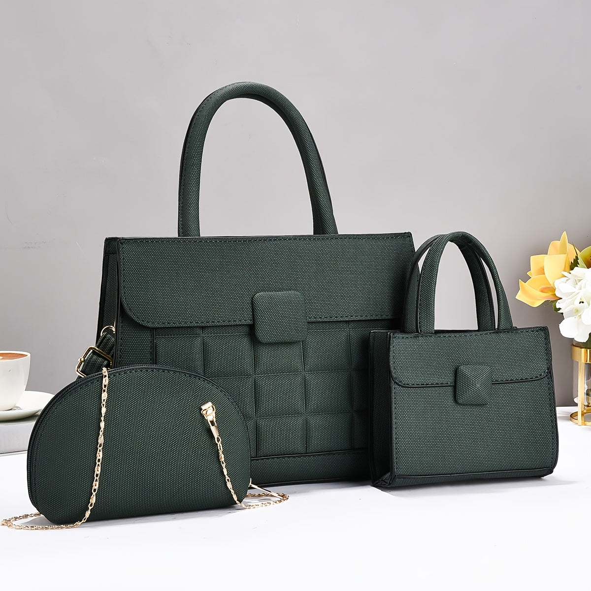 Set of 3 Stylish Large-Capacity PU Tote Bags with Adjustable Strap