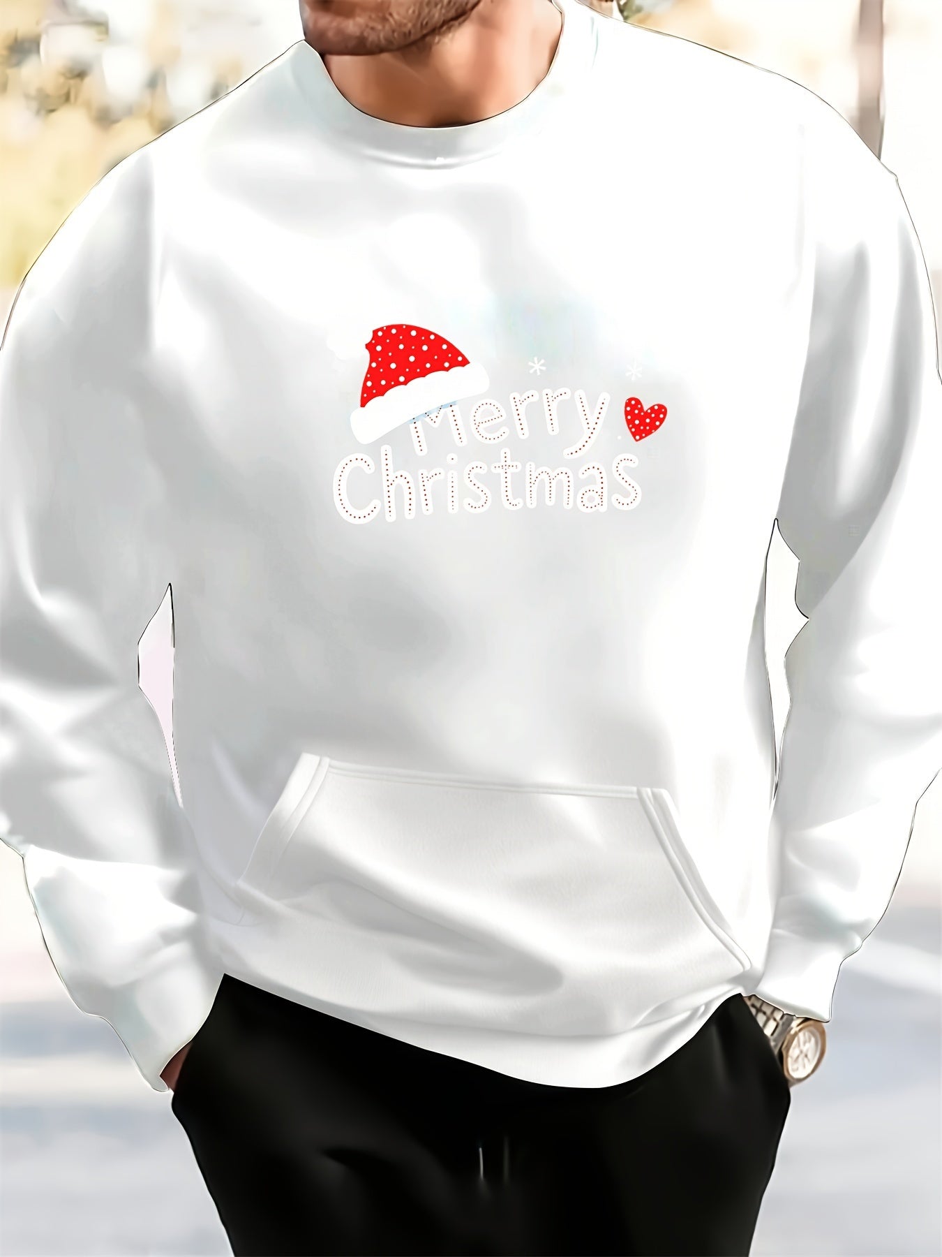 Men's White Christmas & New Year Oversized Sweatshirt - Long Loose Fit Casual Sweater with Pocket, Red Polka Santa Hat & Holly Berry Logo, Pink Heart Accent - Holiday Party Winter Wear (Machine Washable)