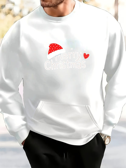 Men's White Christmas & New Year Oversized Sweatshirt - Long Loose Fit Casual Sweater with Pocket, Red Polka Santa Hat & Holly Berry Logo, Pink Heart Accent - Holiday Party Winter Wear (Machine Washable)