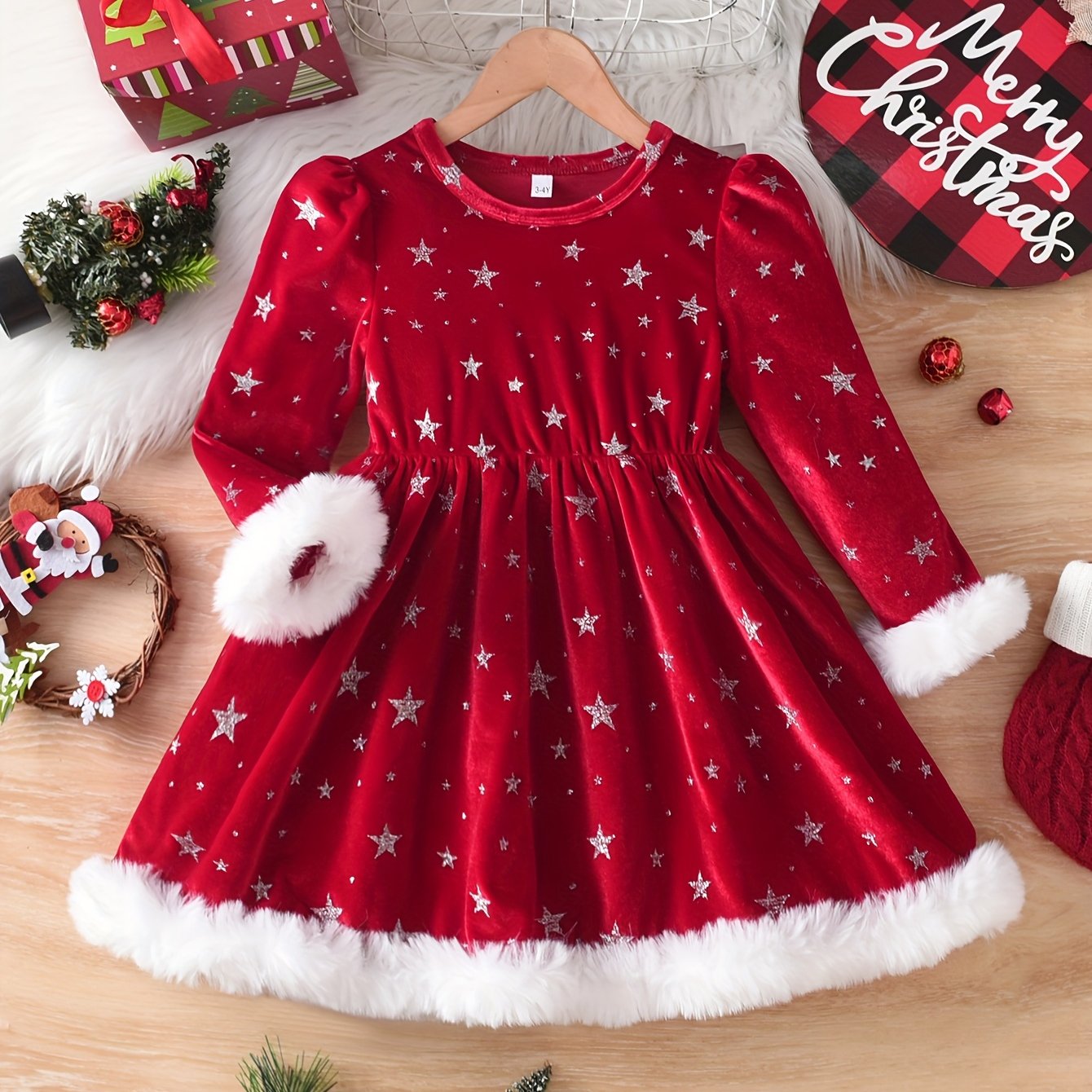 Girls' Christmas Party Dress - Red & Polka Dot A-Line Mid-Length Winter Dress with Puff Sleeves, Round Neck & Flared Skirt for Holiday Celebrations, Christmas Dresses For Girls, Festive Outfit, Playful Design