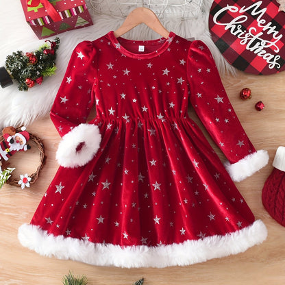 Girls' Christmas Party Dress - Red & Polka Dot A-Line Mid-Length Winter Dress with Puff Sleeves, Round Neck & Flared Skirt for Holiday Celebrations, Christmas Dresses For Girls, Festive Outfit, Playful Design