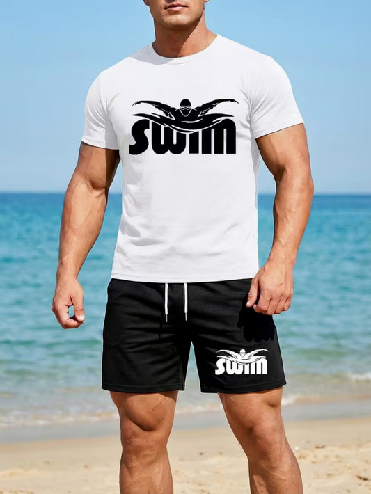 Men's Quick-Dry Printed Swim Set with T-Shirt & Boxer Shorts - ayq
