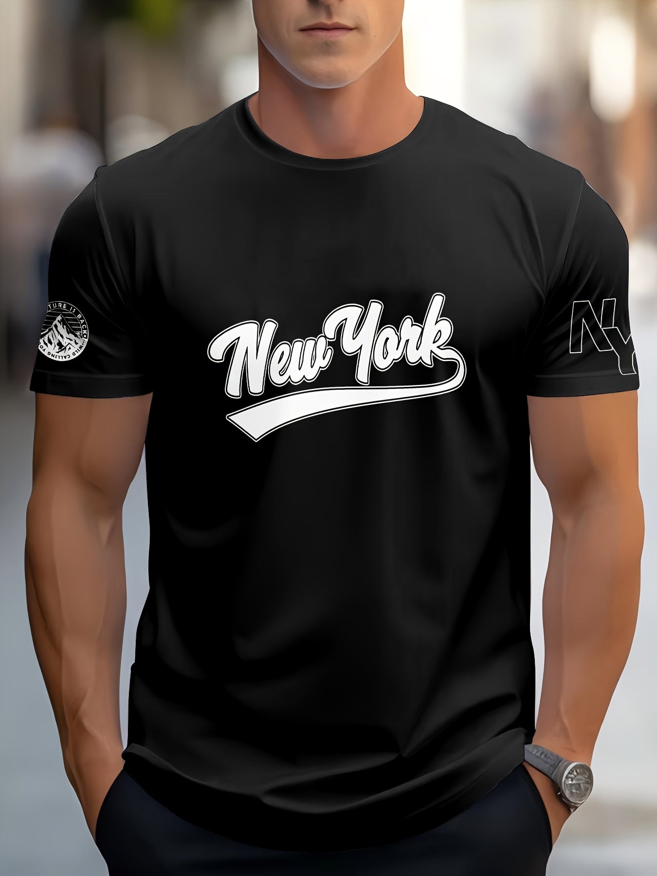 1pc Men's Summer Breathable Quick-Dry T-Shirt - 100% Polyester Moisture-Wicking, Casual Short Sleeve Round Neck Tee with New York Graphic Print for Outdoor Sports  Casual Attire
