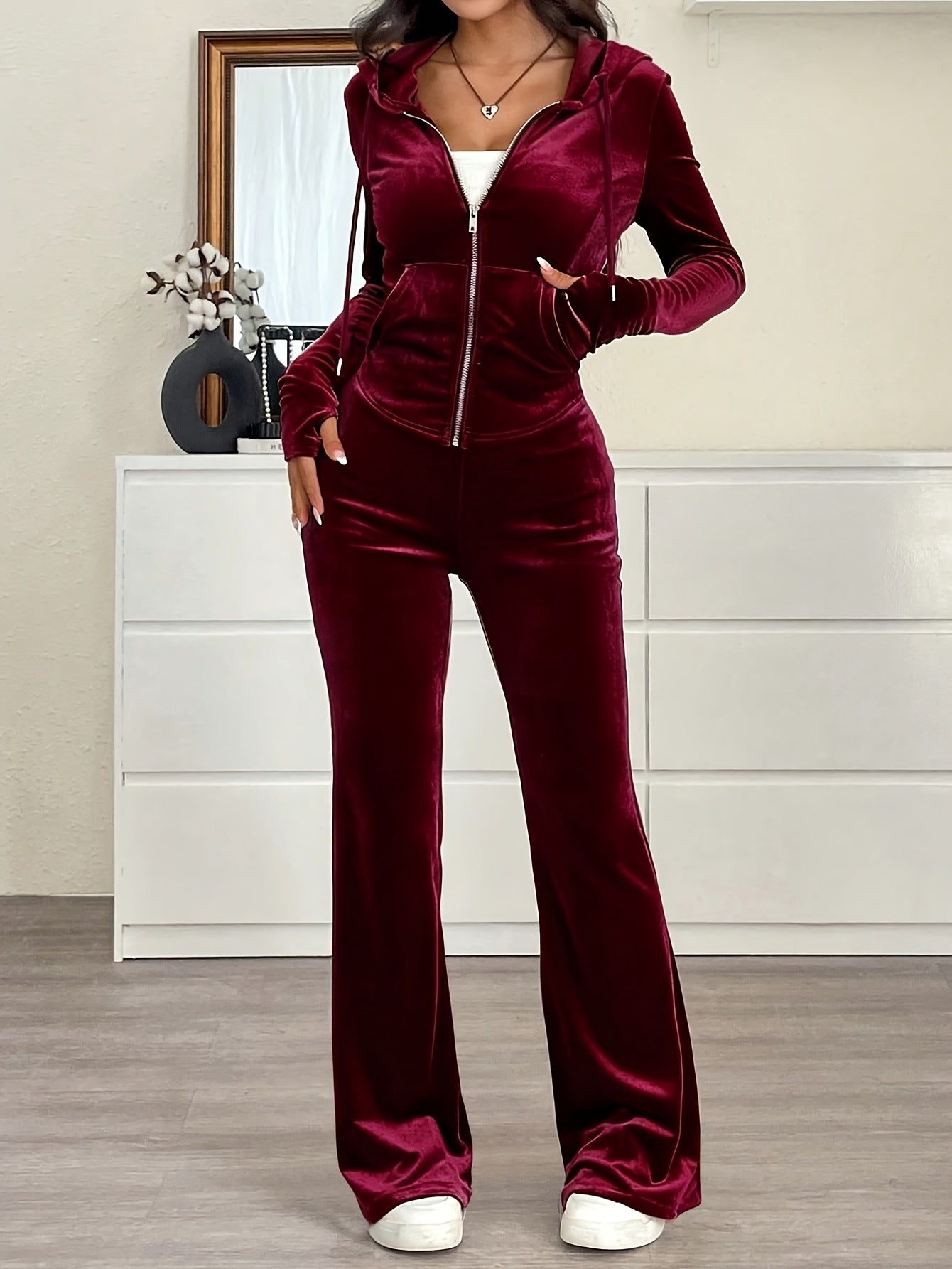 Women's Hooded Zip-Up Top and Slim Fit Pants Solid Color 2pcs Set - ayq