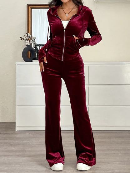 Women's Hooded Zip-Up Top and Slim Fit Pants Solid Color 2pcs Set - ayq