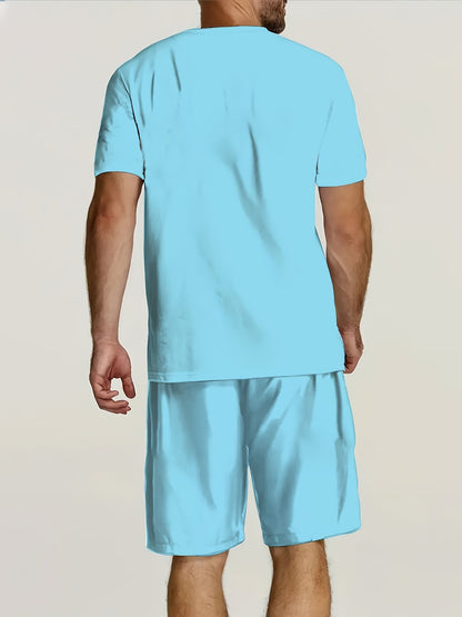 Men's Casual Summer Set: Coconut Tree Print T-Shirt & Drawstring Shorts - Breathable Polyester, Machine Washable