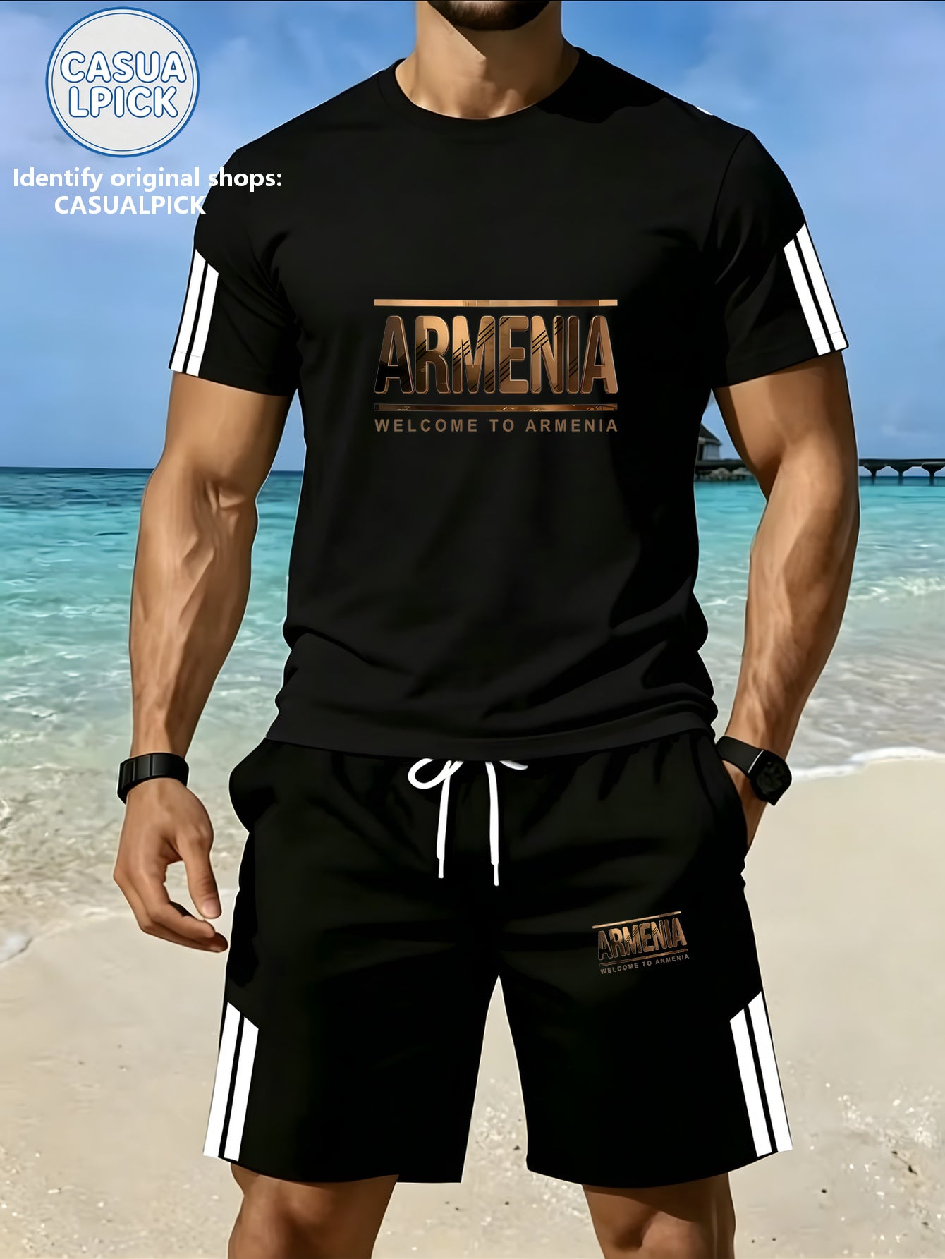 Men's Casual Short-Sleeve Top and Shorts Set with Print
