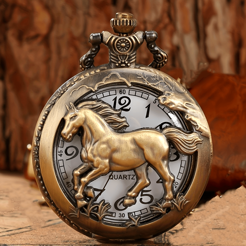 Retro Hollow Horse Quartz Pocket Watch Necklace, Animal Pendant Chain Souvenir Birthday Gift