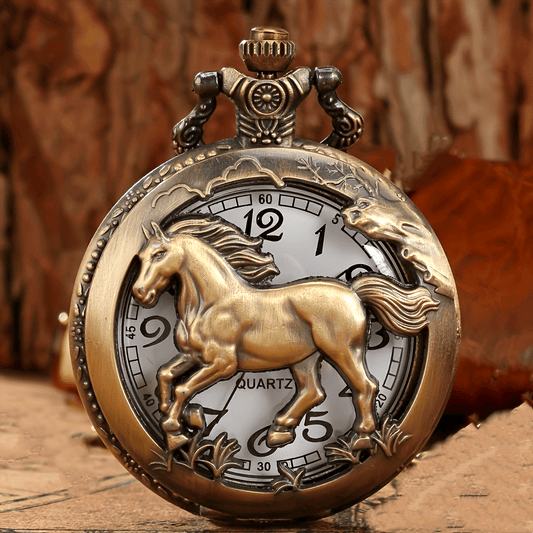 Retro Hollow Horse Quartz Pocket Watch Necklace, Animal Pendant Chain Souvenir Birthday Gift