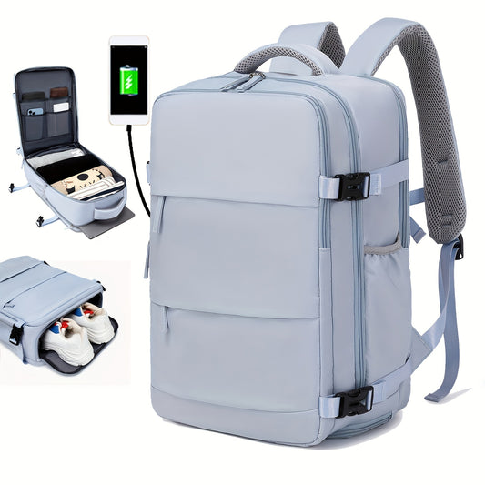 Airline-Approved 38.1cm Laptop Travel Backpack for Women, Light Blue Polyester with Adjustable Straps, Shoe Compartment & USB Charging Port - Ideal for School & Work Trips, Laptop Bag