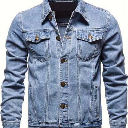 Men's Chic Washed Denim Jacket, Casual Street Style Button Up Contrast Stitching Jacket For Fall Winter