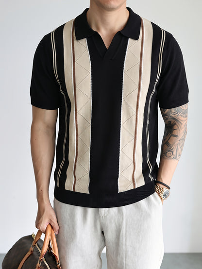 Men's Breathable Knit Short Sleeve Shirt with Stripe Color Block