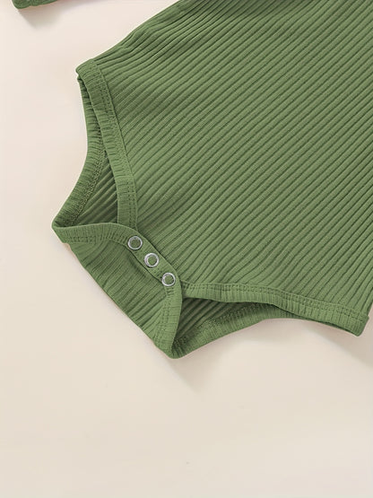 3pcs Baby Girl Outfit Set, Cute Ribbed Ruffle Long Sleeve Romper & Pants, 95% Cotton 5% Spandex, Crew Neck Pullovers, Solid Color, Regular Fit, No Belt, Fall/Winter Knit Fabric, 0-18 Months, for Outdoor