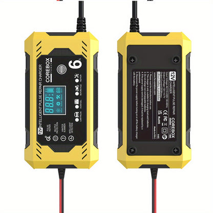 COREBOX EU Plug 12V 6A Smart Battery Trickle Charger 12V Battery Maintainer Battery Charger with LCD Display for Car Truck Motorcycle Lawn Mower Marine Lead Acid Charge, Without Battery