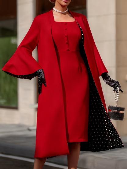 Women's Vintage Red Dress Set, Polka Dot Spliced Flared Sleeve Outfit, Square Neckline Waist-Cinching Dress + Trench Coat Two-Piece Set, Vintage Red Square Neckline Dress with Polka Dot Spliced Outerwear, Elegant New Year Par