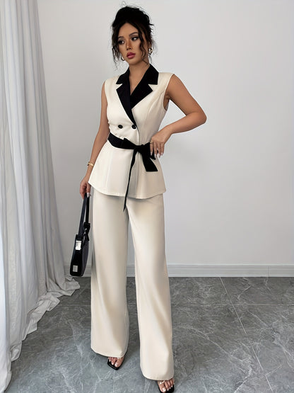 Elegant Sleeveless Blazer & Wide-Leg Pants Set for Women - Chic Black & White Two-Tone with Bow Tie Waist, Perfect for Office or Casual Outfits, Office Attire|Sleek Formal Attire|Polyester Fabric