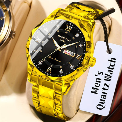 1pc Stainless Steel Strap Men'S Roman Numerals Dial Rhinestones Multifunctional Watch, Ideal for Birthday, Holiday Gifts Valentine'S Day