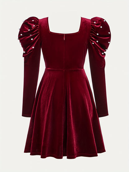 Girls' Burgundy Winter Dress with Puff Sleeves & Pearl Trim - Elegant Square Neck A-Line Party Dress, Zipper Closure for Weddings, Christmas, Prom - Hand Washable Non-Stretch Formal Attire (No Belt)