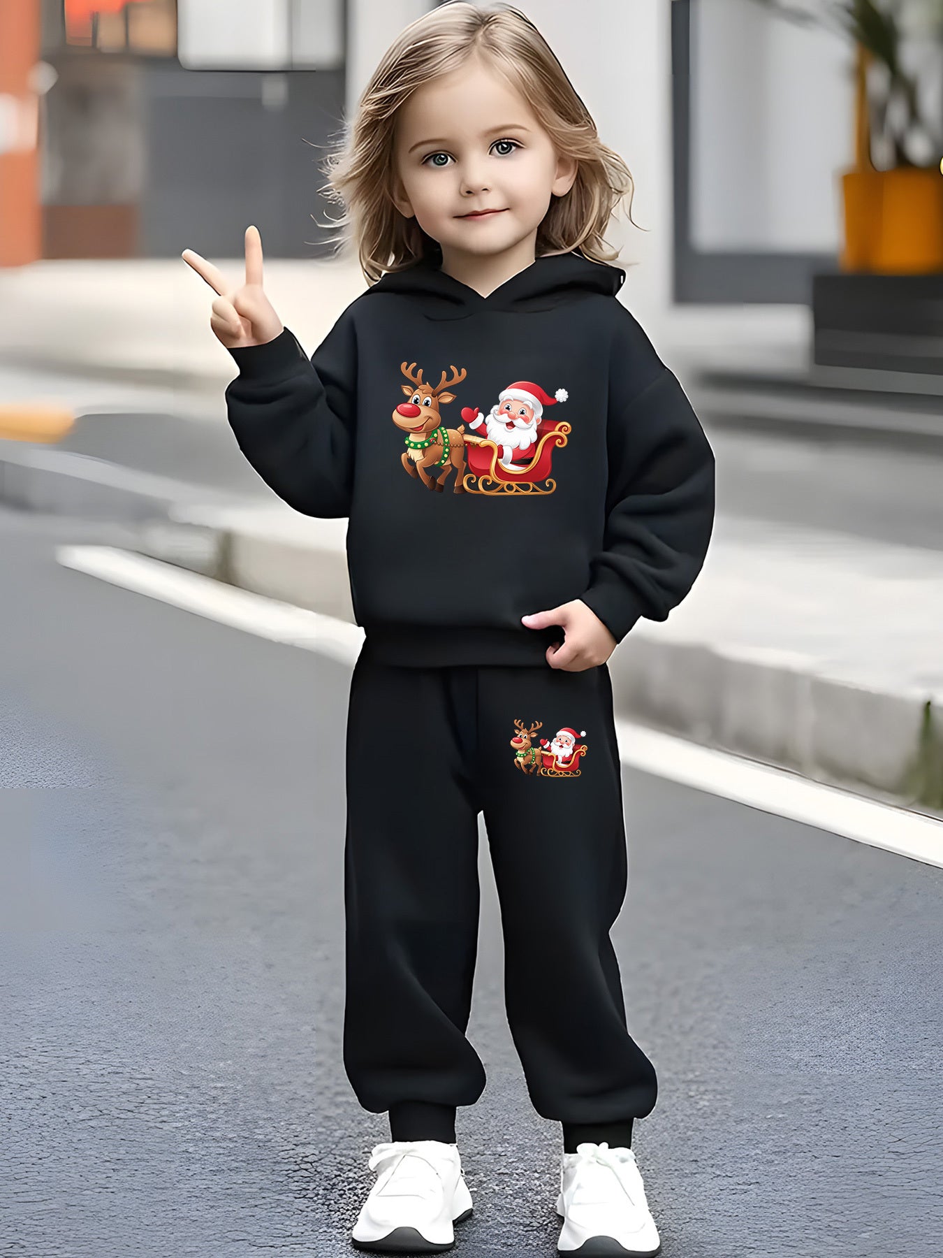 2pcs Girls & Boys Winter Warm Pink Hoodie & Pants Set - Bright Pink Christmas & New Year Outfit with Santa Reindeer Snowman Print, Elastic Waist Matching Sweatsuit for Kids 6-12 Years (Height 120-160cm), Boys & Girls Clothing