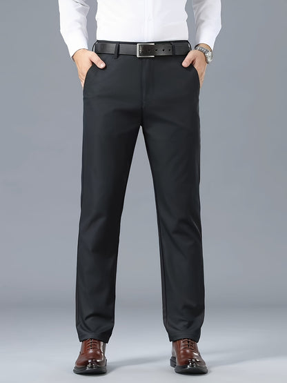 Men's Classic Business Casual Pants - Polyester, Solid Color, Regular Fit for All Seasons