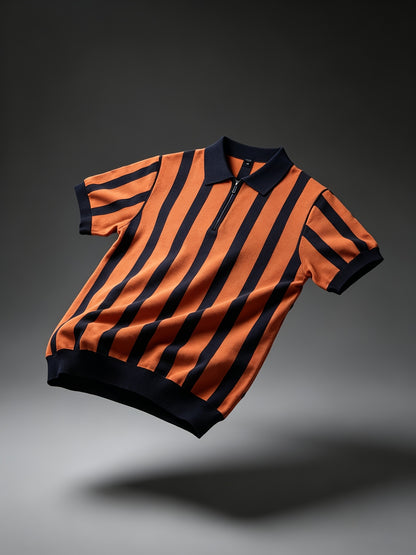 Men's Slim Fit Vertical Stripe Knit Polo with Half-Zip Collar