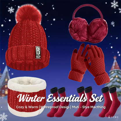 7pcs Winter Thermal Set - Heavy-Duty Cold Weather Outfit with Hat, Gloves, Plush Earmuffs, Thermal Socks - Full Set for Skiing, Snowboarding, Ice Skating, Winter Hiking - Burgundy/Black/White Color Options - Ideal Christmas G