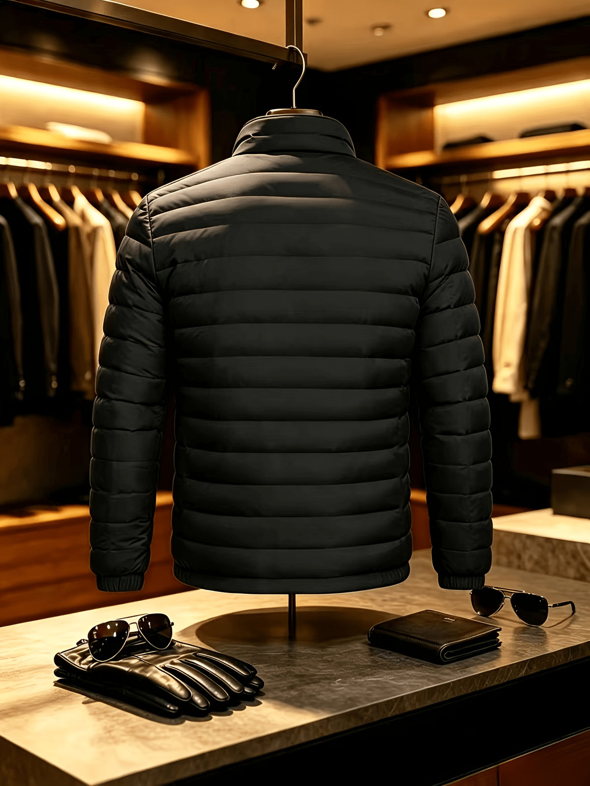 Men's Lightweight Quilted Zip-Up Jacket with Stand Collar