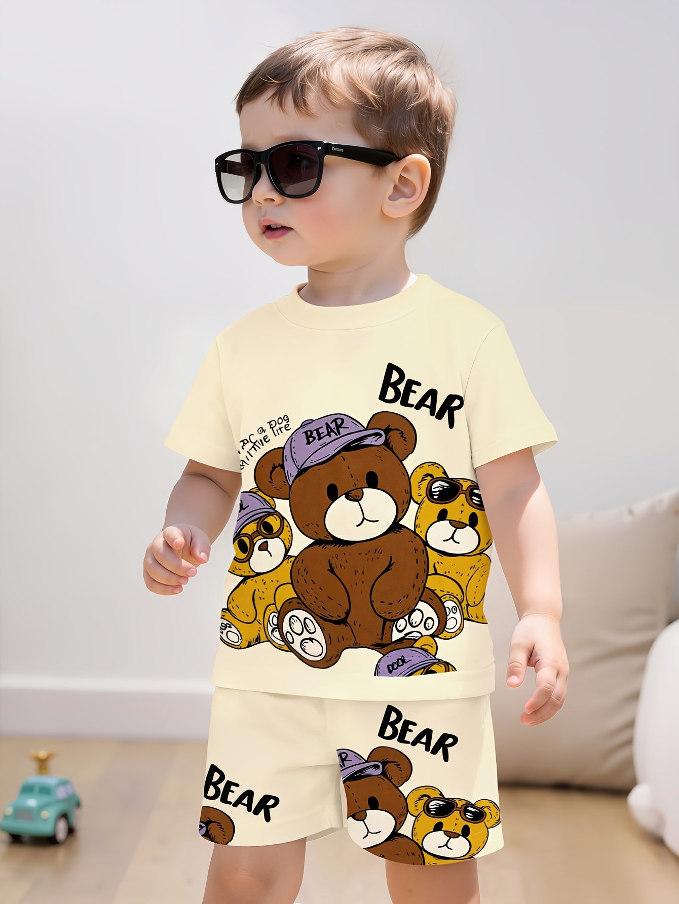 Boys' Cute Cartoon Teddy Bear Print Shorts and Pullover Set