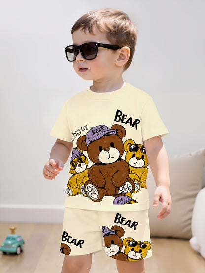 Boys' Cute Cartoon Teddy Bear Print Shorts and Pullover Set