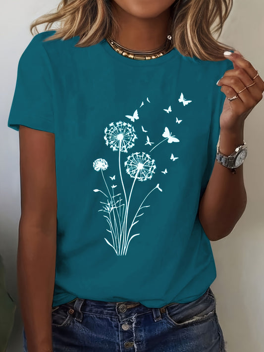 Կանացի պատահական Dandelion Print T-Shirt - փափուկ պոլիեսթեր խառնուրդ, ձգվող և լվացվող մեքենայում, պարանոցի պարանոց, կարճ թեւ - կատարյալ գարնան և ամառի համար