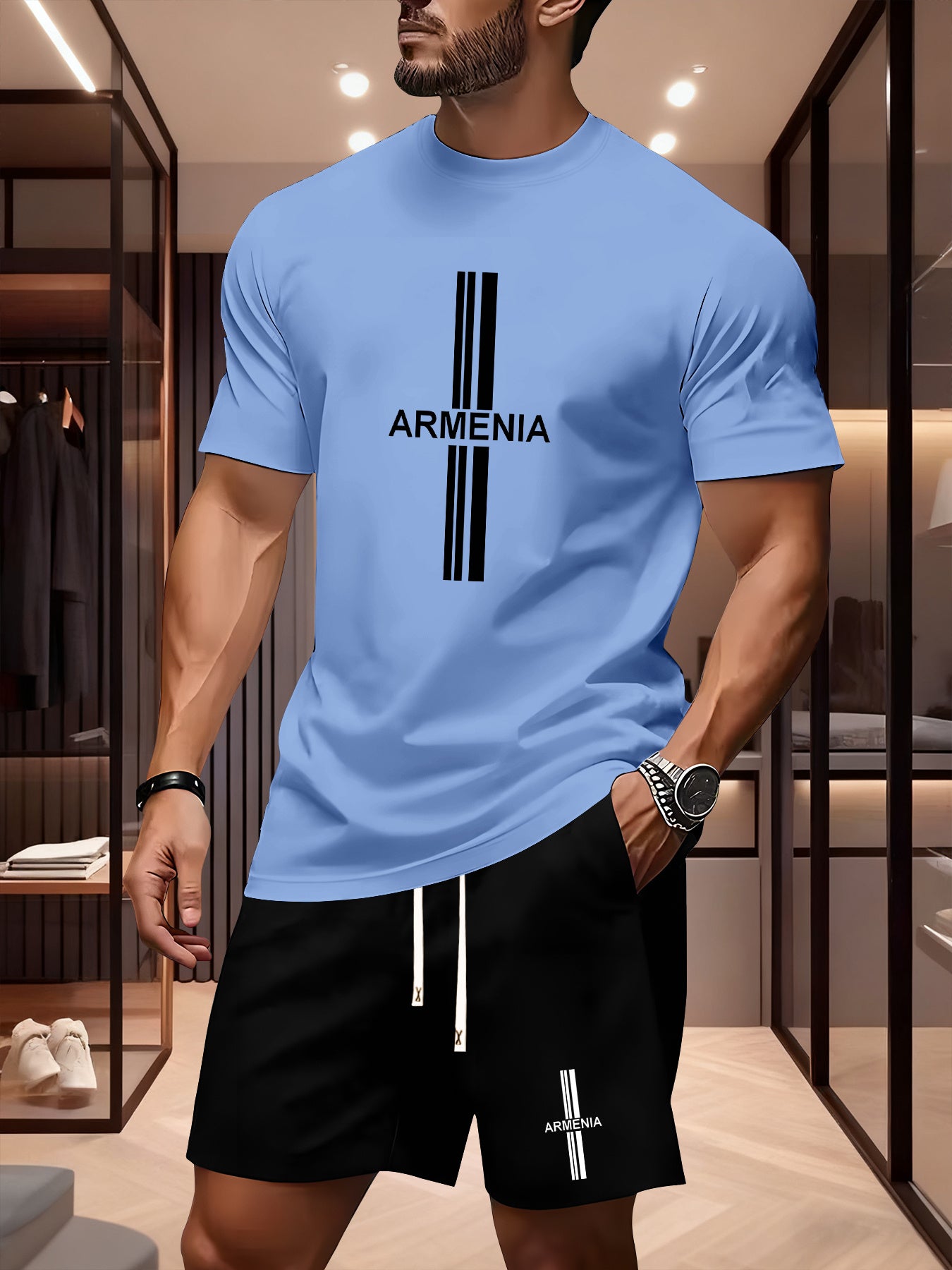 Men's Summer Casual Sport Set with White Striped Design