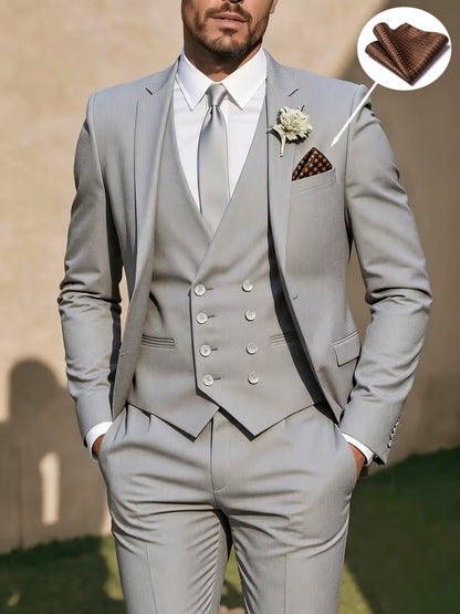 Men's 3-Piece Polyester Suit Set with Vest & Pocket Square