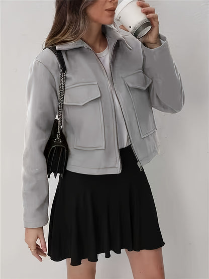 Women'S Solid Color Long Sleeve Zip-Up Jacket - Black, Casual Fall/Winter Outerwear with Pockets, Button-Up Front, and Flap Pockets, Casual Outerwear | Buttonup Jacket | Zippered Jacket, Winter Coat Women, Coat Women Winter,