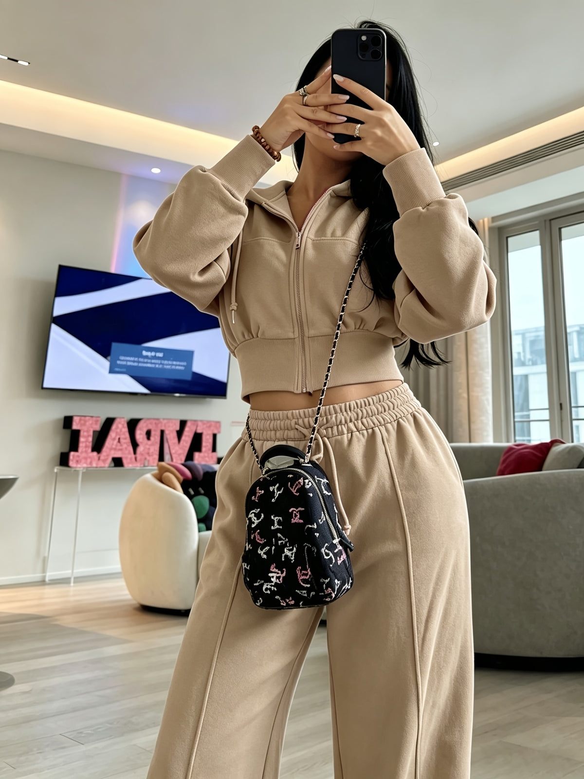Women's Loose Cropped Hoodie Set with Matching Pants