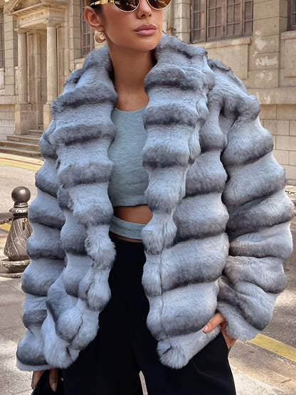 Կանացի արհեստական ​​մորթուց վերարկու՝ վիշապ-կատվի նախշերով - ոճային մոխրագույն և սպիտակ փափուկ ձմեռային բաճկոն, երկար թևքերով ամենօրյա վերնազգեստ ցուրտ եղանակի համար, հարմարավետ բրդյա ծածկույթ՝ հարմարավետության համար