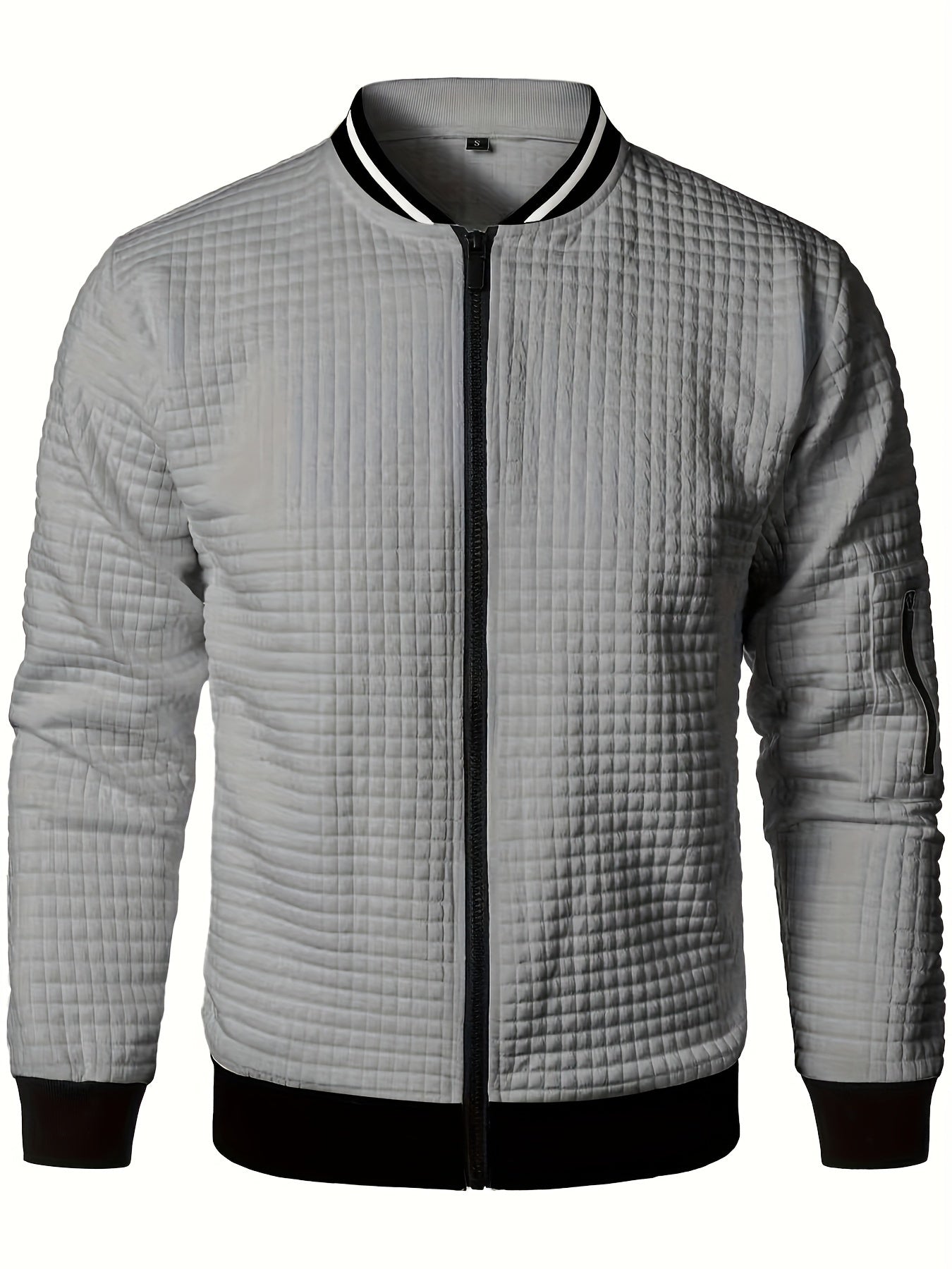 Men's Casual Bomber Jacket with Stand Collar - Polyester and Elastane Blend, Knit Fabric with Slight Stretch, Solid Color, Zipper Detail, Long Sleeve, Regular Fit