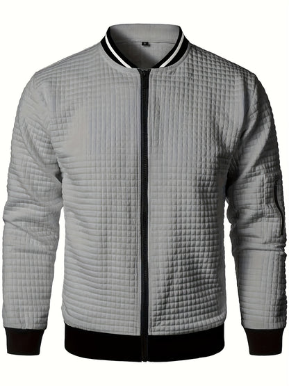 Men's Casual Bomber Jacket with Stand Collar - Polyester and Elastane Blend, Knit Fabric with Slight Stretch, Solid Color, Zipper Detail, Long Sleeve, Regular Fit