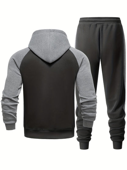 Men's Casual Sports Hoodie Two-Piece Set Four Seasons Color-Matching Zipper Drawstring Waist Jogging Suit - ayq