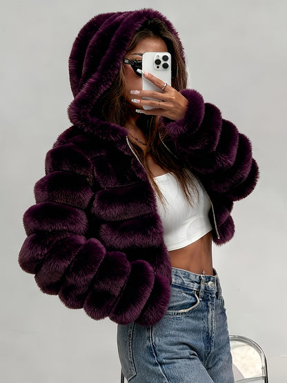 Elegant Women's Short Hooded Plush Coat for Fall/Winter