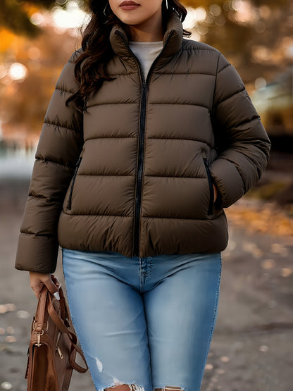 Կանացի էլեգանտ ձմեռային տաք բաճկոն՝ կայծակաճարմանդով, առջևի մասում՝ A-գծի ուրվագիծ և կանգնած օձիք - Բեժ/սպիտակ վերարկու՝ կայծակաճարմանդով, լվացքի մեքենայով լվացվող վերնազգեստ՝ ամենօրյա և պաշտոնական միջոցառումների համար - Cozy Winter Outer J