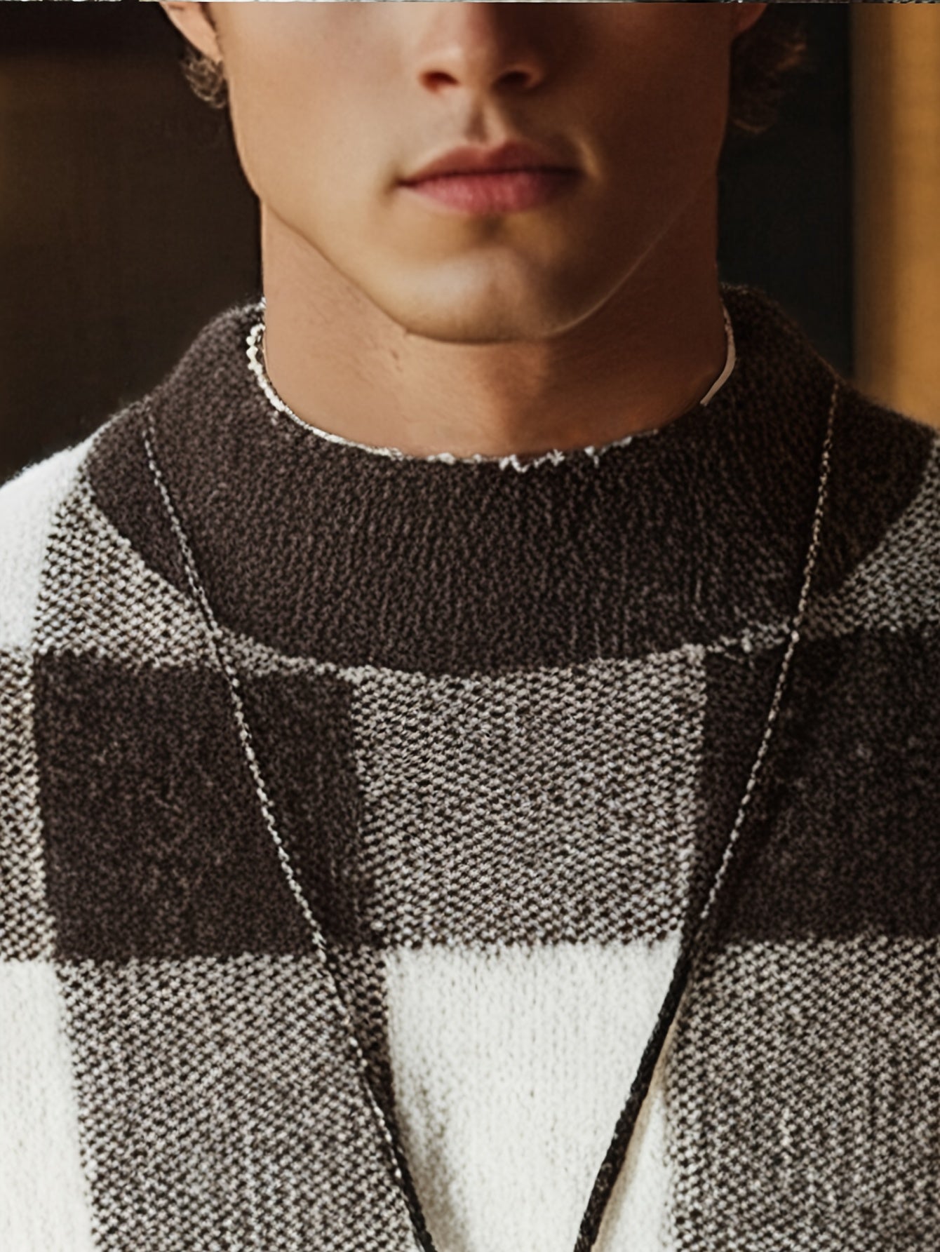 Տղամարդու կլոր վզնոցով սվիտեր, աշնանային և ձմեռային նոր ոճեր, նորաձև և բազմակողմանի, դիմացկուն, հաստ և տաք, երկար թևքերով, վանդակավոր նախշերով, մաշկին հարմար, հարմարավետ, փափուկ, երիտասարդական և նորաձև, նեղ չափսերով, նորաձև, գործնական