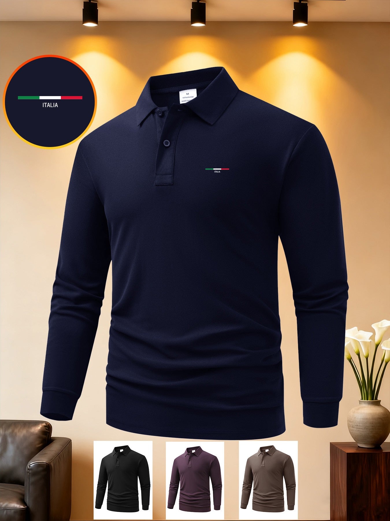 Men's Long Sleeve Polo Shirt with Geometric Print - Comfortable Fit