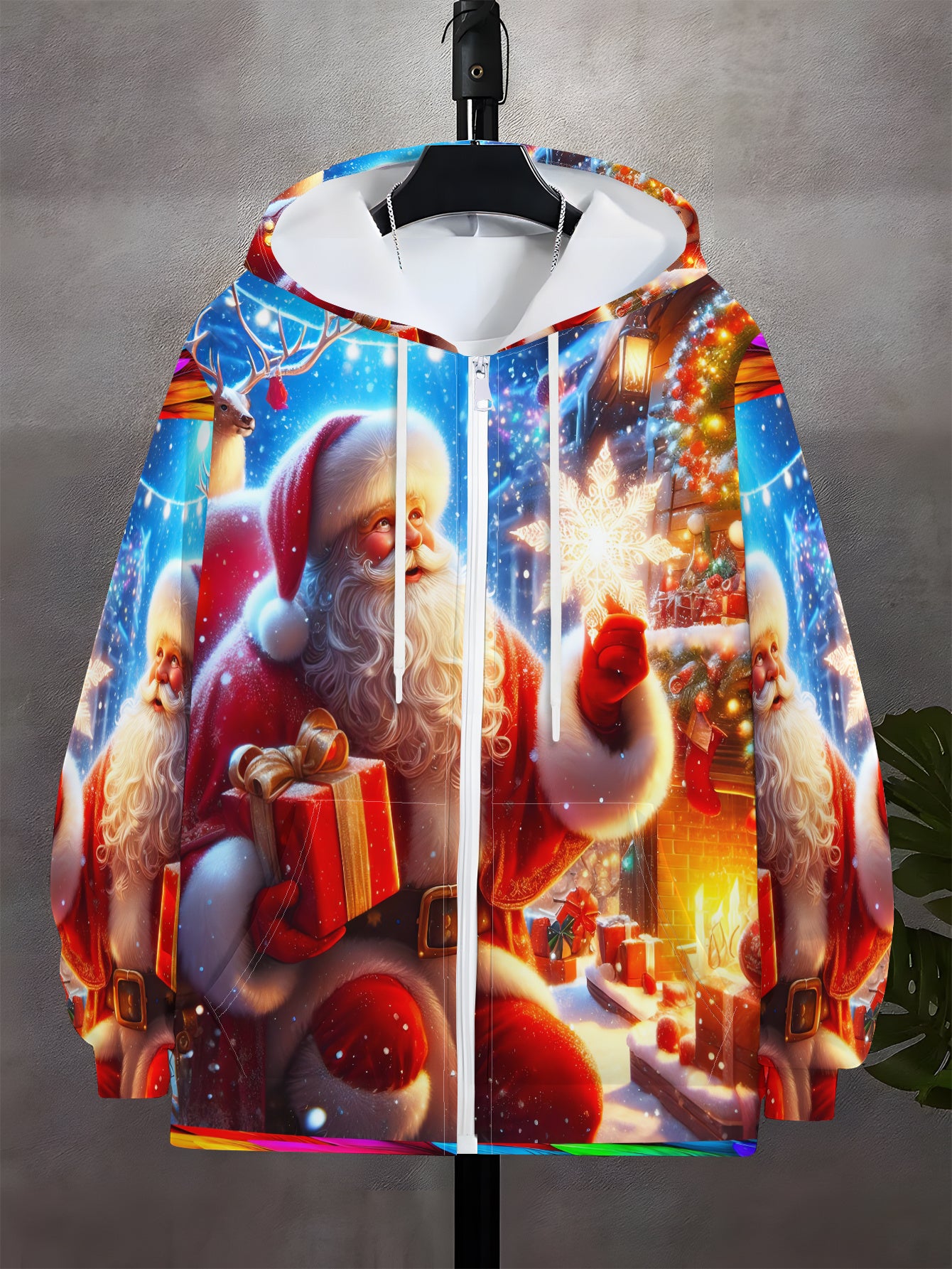 Men's Santa Print Hooded Sweatshirt - Full-Zip Full-Length Zipper Hoodie with Santa Claus & Reindeer/Christmas Tree Patterns, Machine Washable Casual Winter Gym Wear for Christmas Parties, Spring/Fall Outdoor Activities ( Siz
