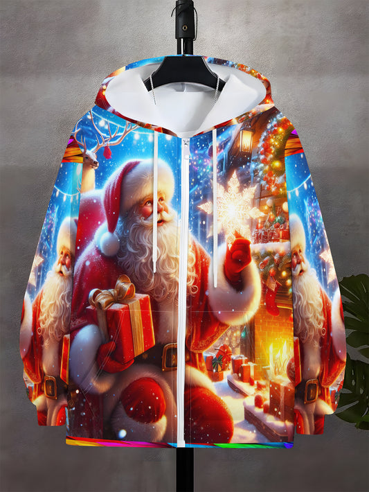 Men's Santa Print Hooded Sweatshirt - Full-Zip Full-Length Zipper Hoodie with Santa Claus & Reindeer/Christmas Tree Patterns, Machine Washable Casual Winter Gym Wear for Christmas Parties, Spring/Fall Outdoor Activities ( Siz