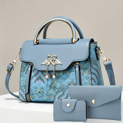 Կանացի պայուսակների հավաքածու՝ երեք հատից բաղկացած. տպագիր ուսի պայուսակներ, ոճային ձեռքի պայուսակներ և բազմակողմանի ուսապարկեր՝ մարմնին կպցնելու համար