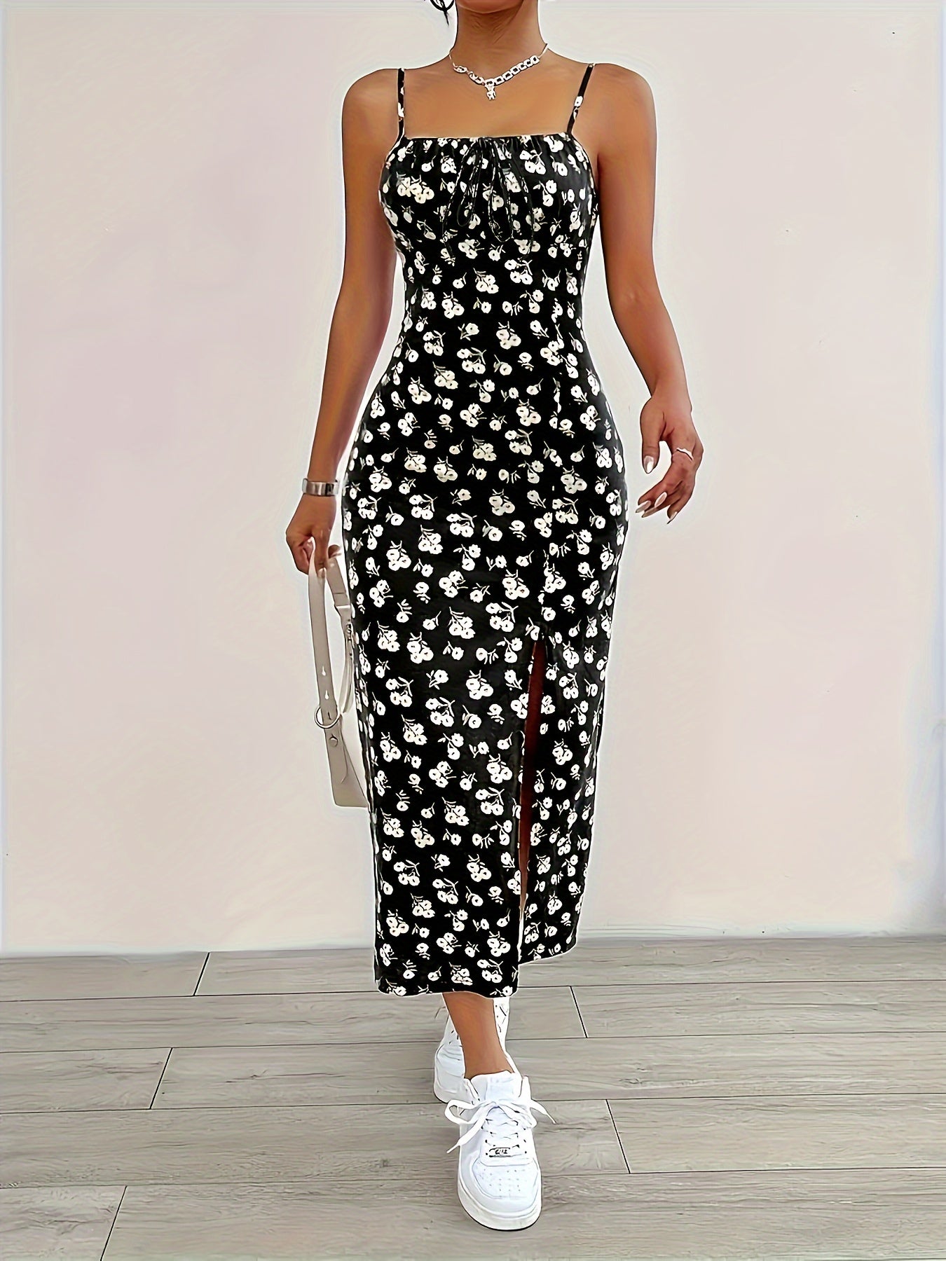 Floral Print Slit Hem Cami Dress, Stylish Backless Sleeveless Midi Cami Dress For Spring & Summer, Women's Clothing